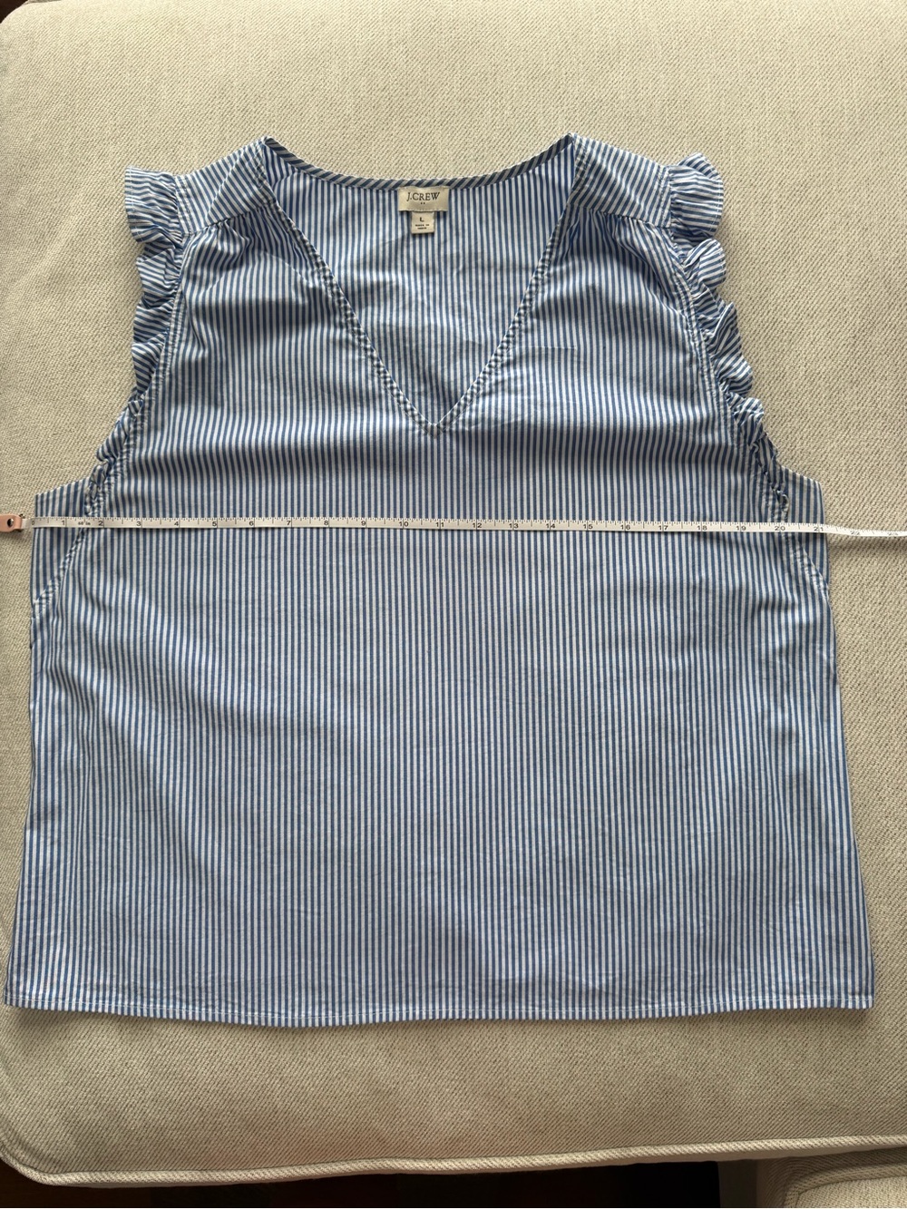 J. Crew Blue and White Striped Ruffle Cap Sleeve V-Neck Tank - Picture 3 of 4